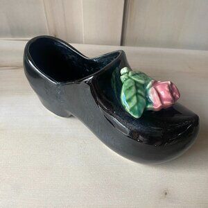 Vintage 1940s McCoy Art Pottery Dutch Shoe clog planter black pink cottage